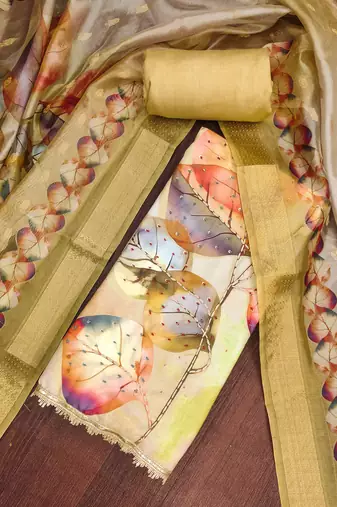 golden digital print rayon cotton suit set with organza dupatta