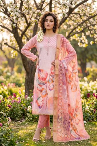 pink digital print rayon cotton suit set with organza dupatta