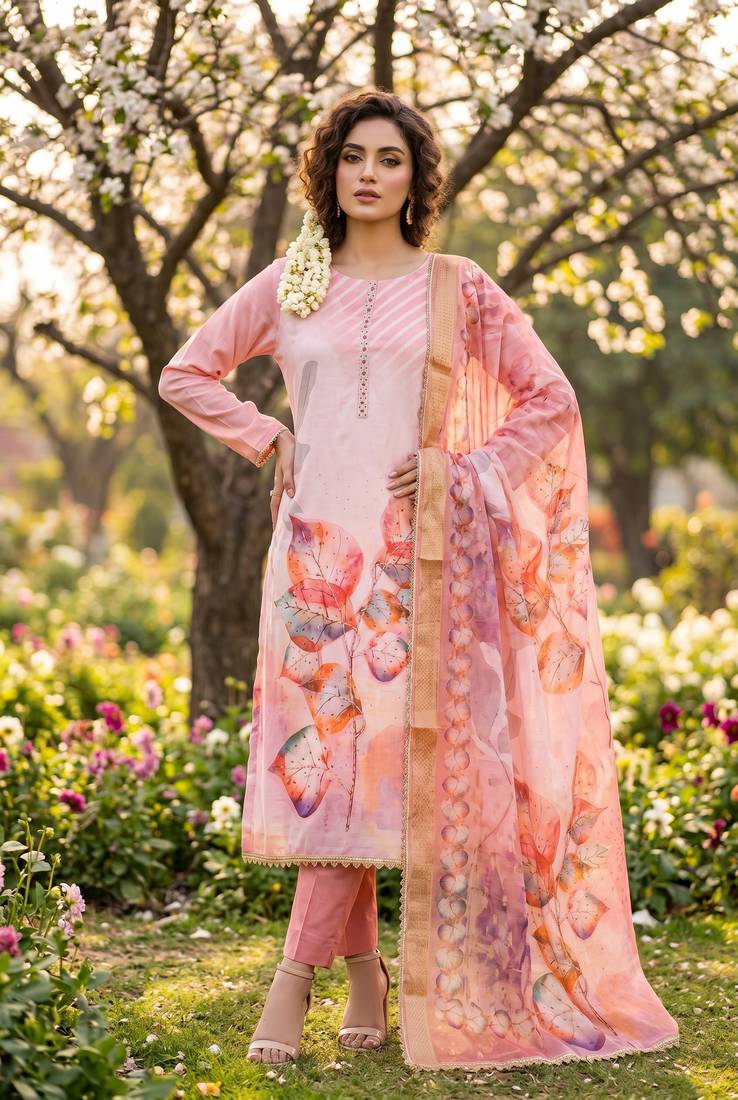 pink digital print rayon cotton suit set with organza dupatta