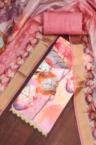 pink digital print rayon cotton suit set with organza dupatta