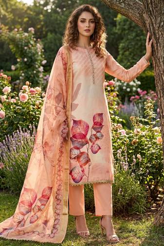 peach digital print rayon cotton suit set with organza dupatta