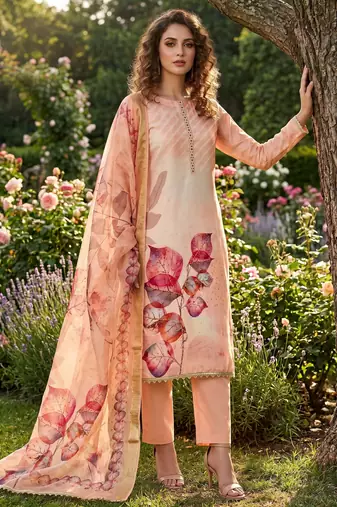 peach digital print rayon cotton suit set with organza dupatta