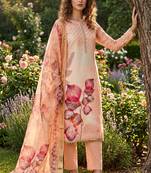 peach digital print rayon cotton suit set with organza dupatta