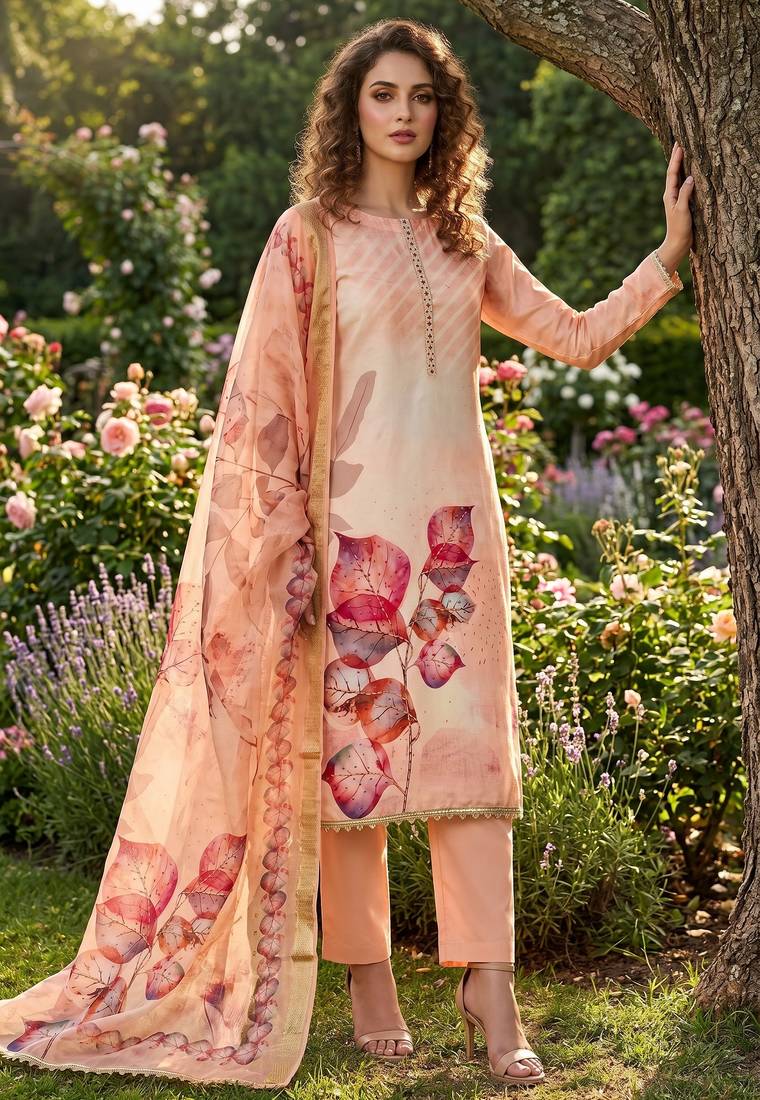 peach digital print rayon cotton suit set with organza dupatta
