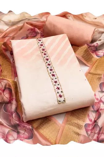 peach digital print rayon cotton suit set with organza dupatta