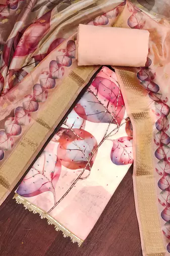 peach digital print rayon cotton suit set with organza dupatta