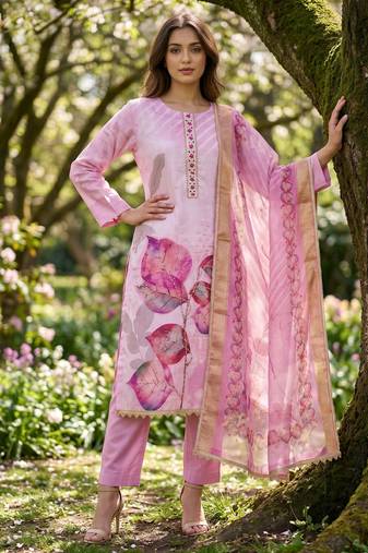 rose pink digital print rayon cotton suit set with organza dupatta