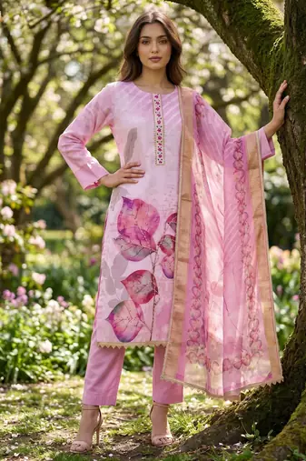 rose pink digital print rayon cotton suit set with organza dupatta