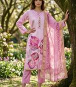 rose pink digital print rayon cotton suit set with organza dupatta