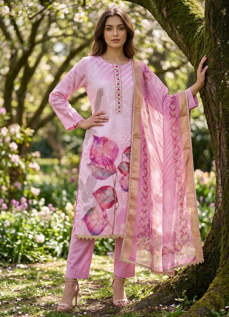 rose pink digital print rayon cotton suit set with organza dupatta