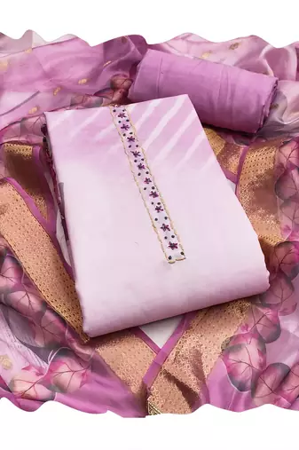 rose pink digital print rayon cotton suit set with organza dupatta