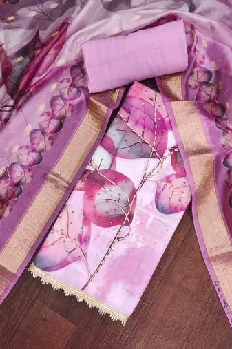rose pink digital print rayon cotton suit set with organza dupatta