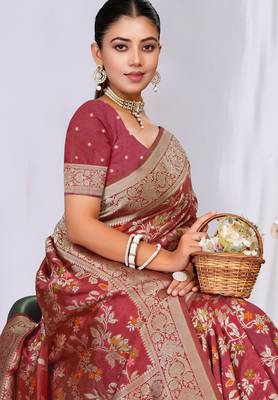  Dusty Mauve silk blend Sarees with Zari & Thread Work | Floral Woven Festive Saree 2