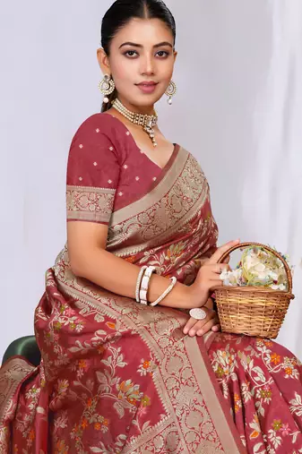  Dusty Mauve silk blend Sarees with Zari & Thread Work | Floral Woven Festive Saree