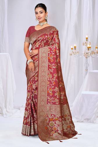  Dusty Mauve silk blend Sarees with Zari & Thread Work | Floral Woven Festive Saree