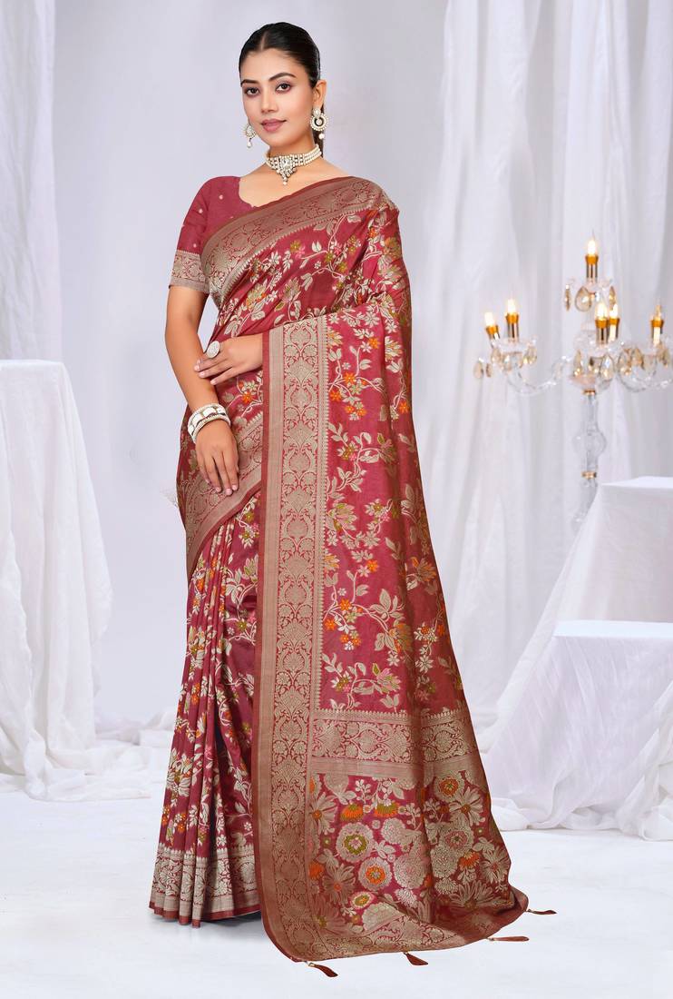  Dusty Mauve silk blend Sarees with Zari & Thread Work | Floral Woven Festive Saree