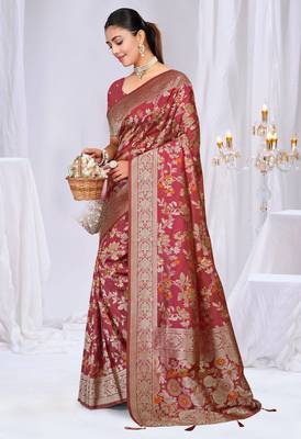  Dusty Mauve silk blend Sarees with Zari & Thread Work | Floral Woven Festive Saree 3