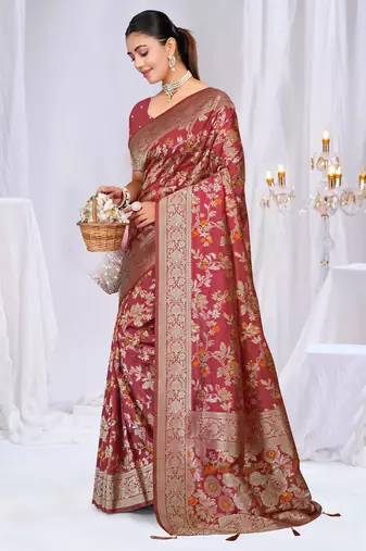 Dusty Mauve silk blend Sarees with Zari & Thread Work | Floral Woven Festive Saree