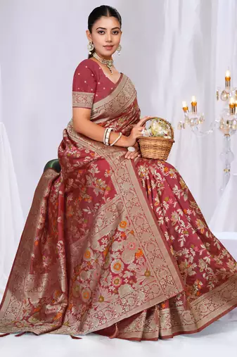  Dusty Mauve silk blend Sarees with Zari & Thread Work | Floral Woven Festive Saree
