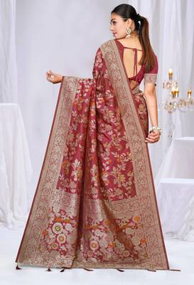  Dusty Mauve silk blend Sarees with Zari & Thread Work | Floral Woven Festive Saree 5