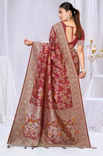  Dusty Mauve silk blend Sarees with Zari & Thread Work | Floral Woven Festive Saree