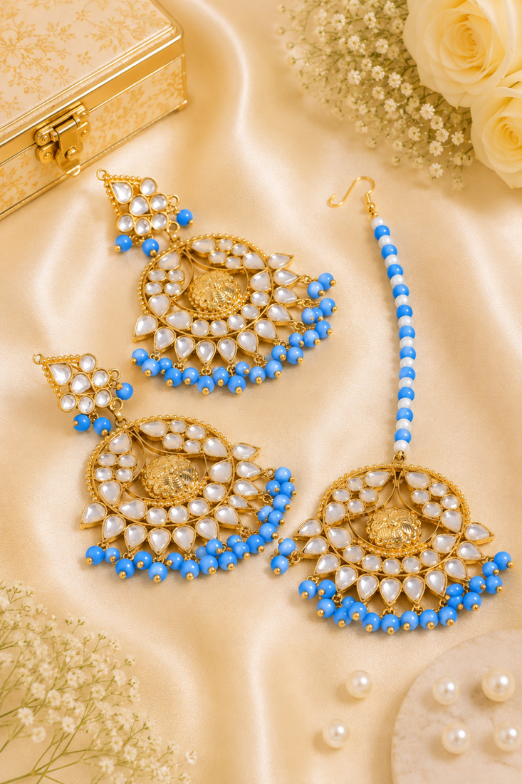 Designer kundan earrings with maang tikka