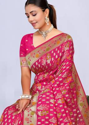  Rani Pink silk blend Saree with Zari & Thread Work | Floral Woven Festive Saree 2