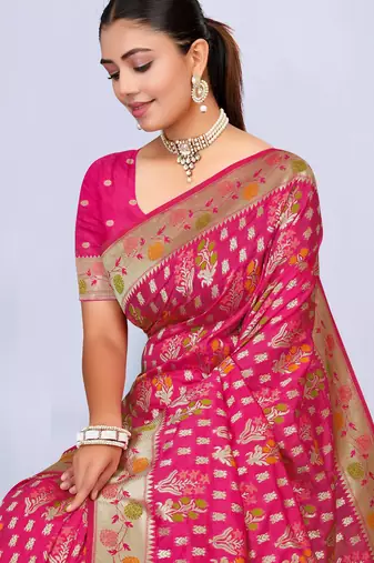  Rani Pink silk blend Saree with Zari & Thread Work | Floral Woven Festive Saree