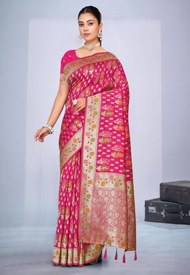  Rani Pink silk blend Saree with Zari & Thread Work | Floral Woven Festive Saree 3