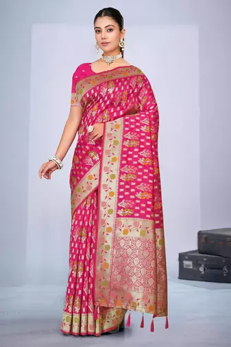  Rani Pink silk blend Saree with Zari & Thread Work | Floral Woven Festive Saree