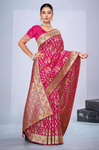  Rani Pink silk blend Saree with Zari & Thread Work | Floral Woven Festive Saree