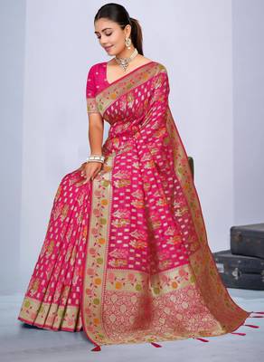  Rani Pink silk blend Saree with Zari & Thread Work | Floral Woven Festive Saree 1