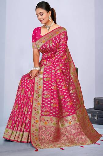  Rani Pink silk blend Saree with Zari & Thread Work | Floral Woven Festive Saree