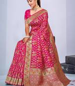  Rani Pink silk blend Saree with Zari & Thread Work | Floral Woven Festive Saree