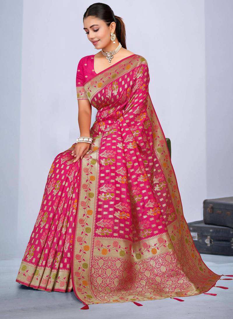  Rani Pink silk blend Saree with Zari & Thread Work | Floral Woven Festive Saree
