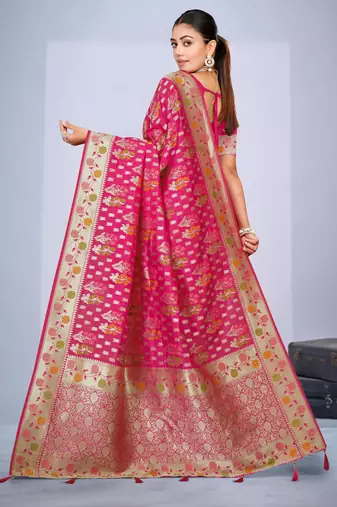  Rani Pink silk blend Saree with Zari & Thread Work | Floral Woven Festive Saree