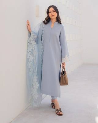 Women's powder blue straight kurta with cutwork organza dupatta 1