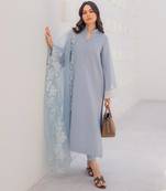 Women's powder blue straight kurta with cutwork organza dupatta