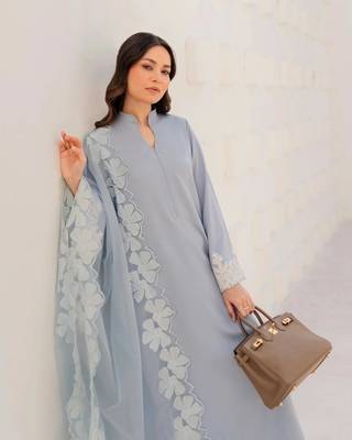 Women's powder blue straight kurta with cutwork organza dupatta 2