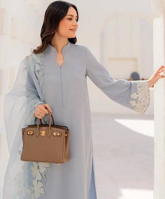 Women's powder blue straight kurta with cutwork organza dupatta 3