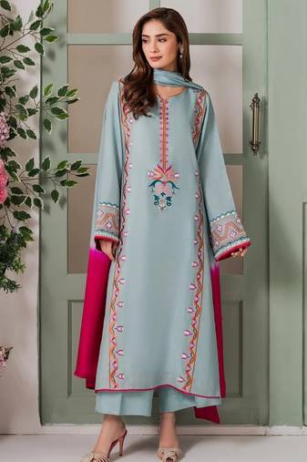Women's light blue embroidered straight kurta with dupatta set