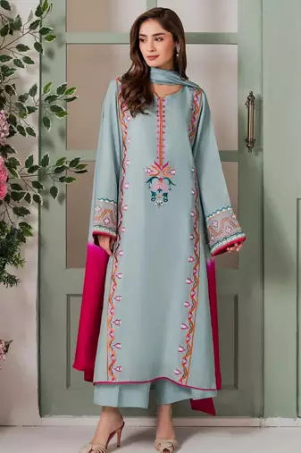 Women's light blue embroidered straight kurta with dupatta set