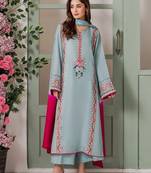 Women's light blue embroidered straight kurta with dupatta set
