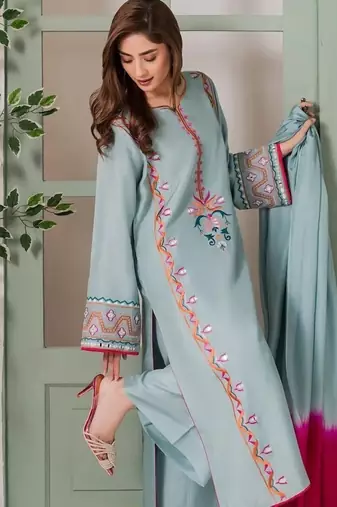 Women's light blue embroidered straight kurta with dupatta set