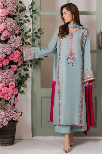 Women's light blue embroidered straight kurta with dupatta set