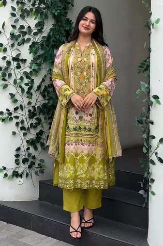 Olive-green festive printed with dupatta