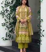 Olive-green festive printed with dupatta
