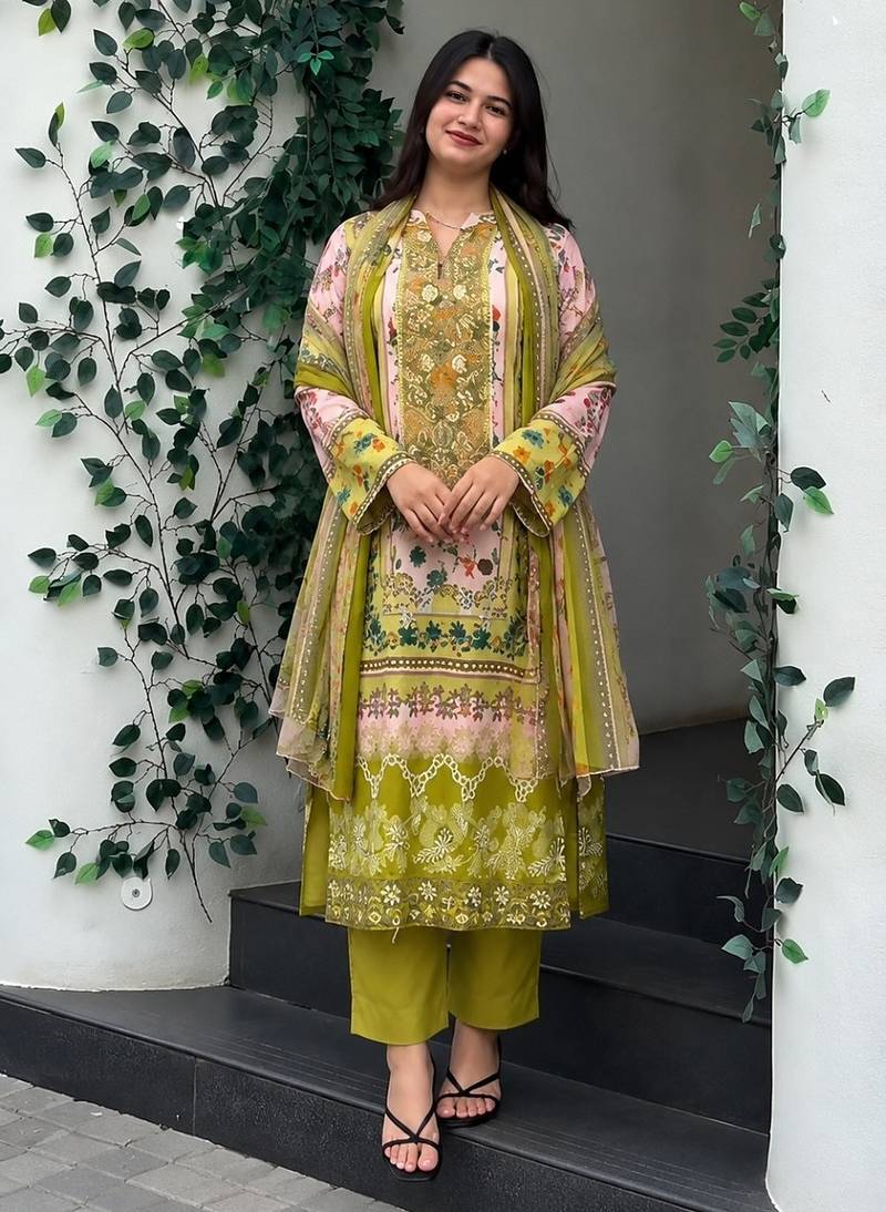 Olive-green festive printed with dupatta