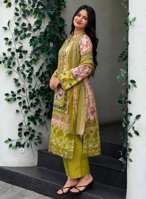 Olive-green festive printed with dupatta 2