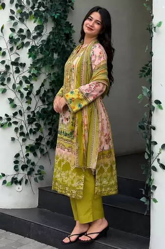 Olive-green festive printed with dupatta